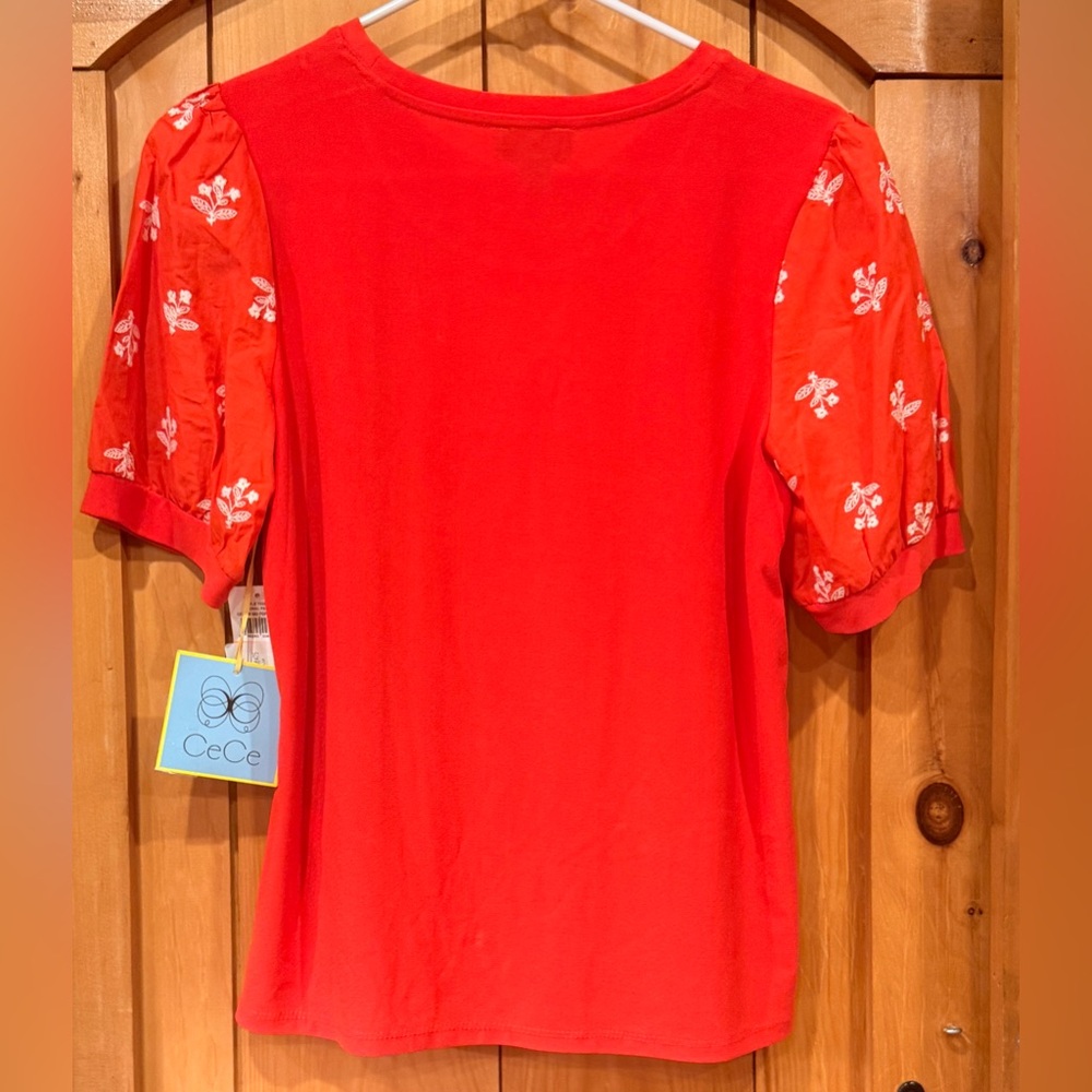 CeCe Red Puff Sleeve Tee with White Floral Embroidery - Picture 2 of 3
